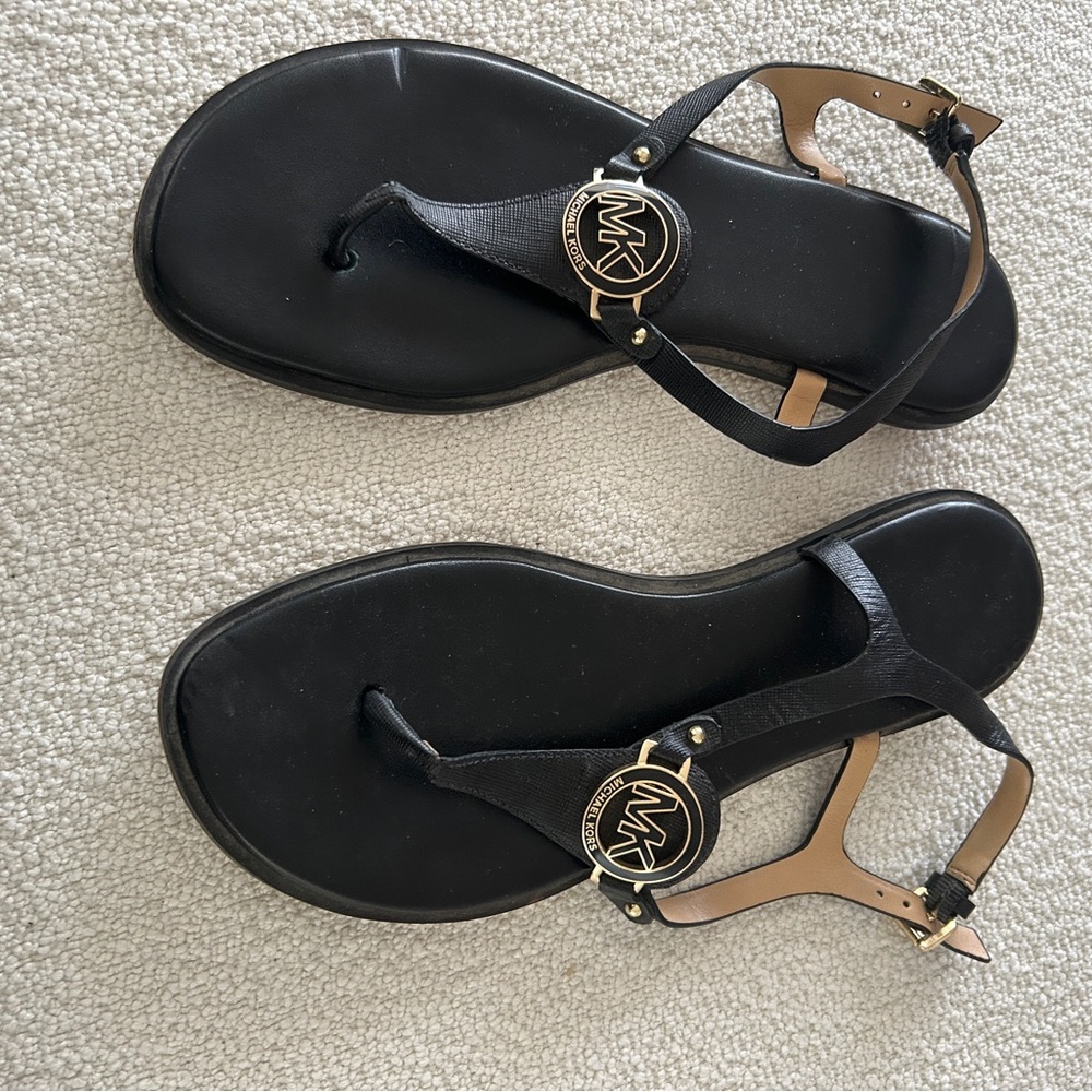 Michael Kors Black Leather and Gold Sandals